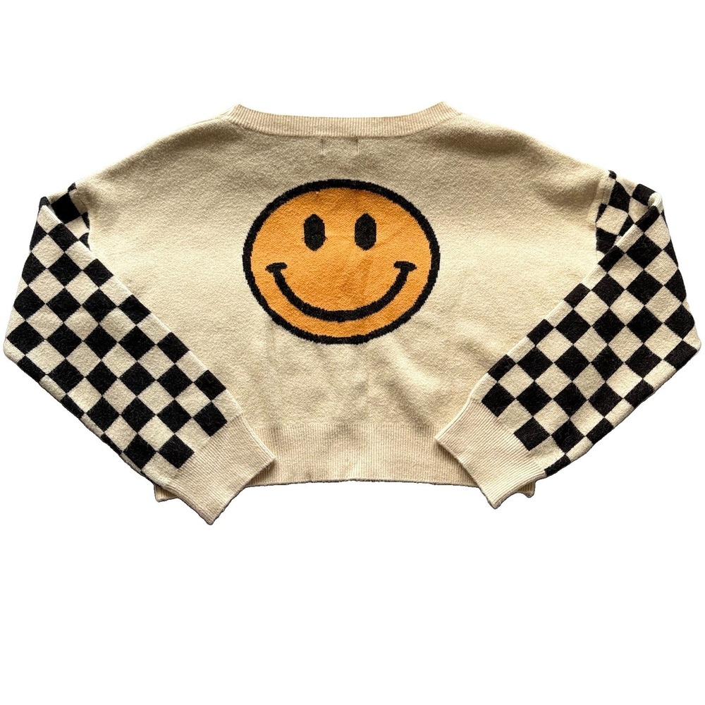 ORIGINALITY Checkered Smiley Face Cropped Cardigan Sweater Women's Size Large